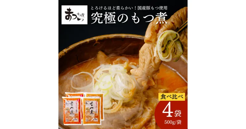 【ふるさと納税】【只今注文殺到中の為発送まで最大4か月お時間をいただいております】＜味噌味・辛口 各2袋＞国産豚もつ使用！とろけるほど柔らかい 究極のもつ煮 2種 500g × 2袋 合計4袋 | 埼玉県 東松山市 もつ煮 国産豚 もつ もつ煮のまつい 冷蔵 惣菜 手軽 簡単調理