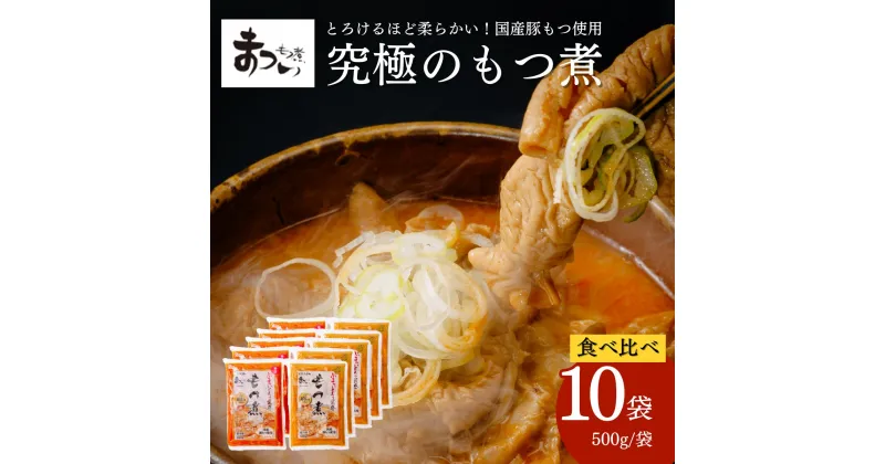 【ふるさと納税】【只今注文殺到中の為発送まで最大4か月お時間をいただいております】＜味噌味・辛口 各5袋＞国産豚もつ使用！とろけるほど柔らかい 究極のもつ煮 500g × 5袋 | 埼玉県 東松山市 もつ煮 国産豚 もつ 辛口 もつ煮のまつい 冷蔵 惣菜 手軽